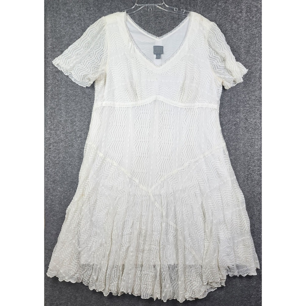 Rabbit Rabbit Rabbit Dress Women 20W White Lace Chevron‎ V-Neck Flutter Sleeve